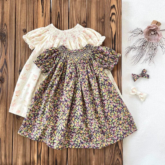 Girls Handmade Smocked Embroidered Floral Dress