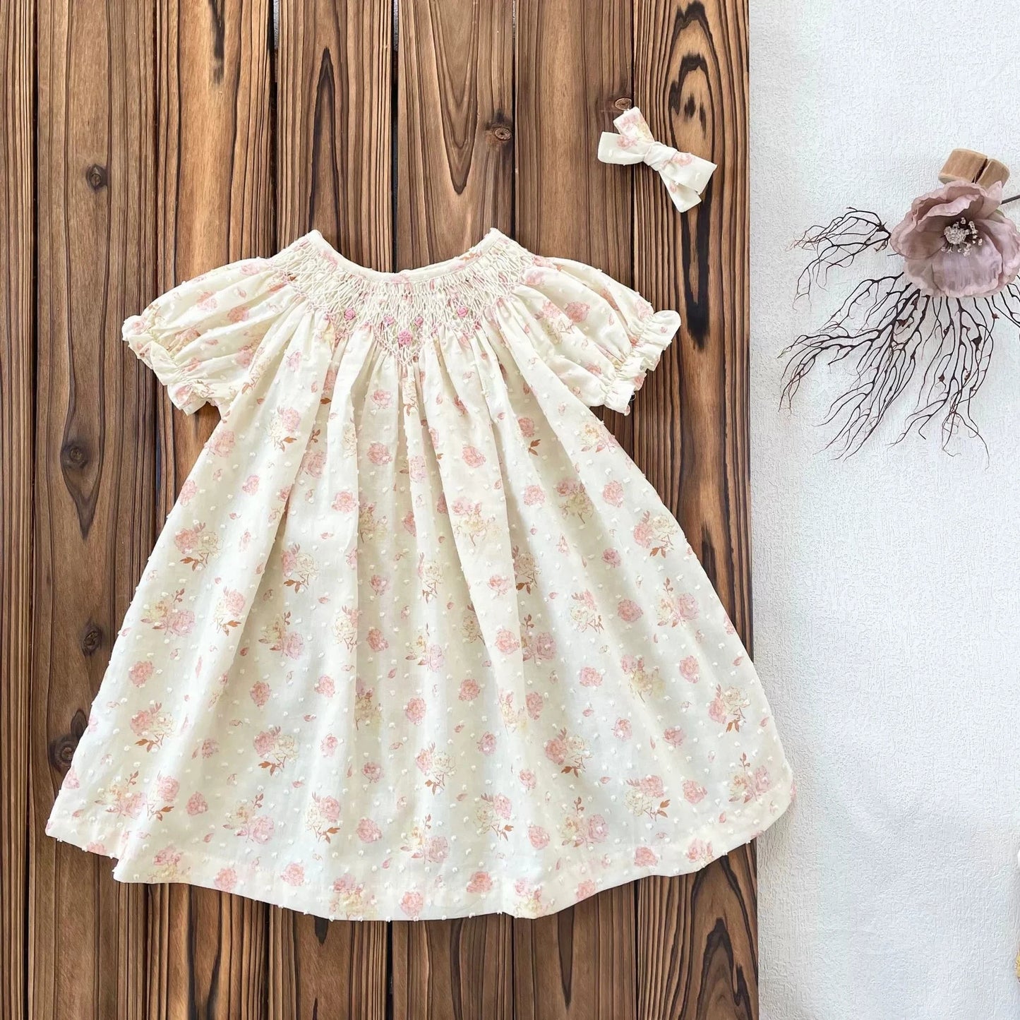 Girls Handmade Smocked Embroidered Floral Dress