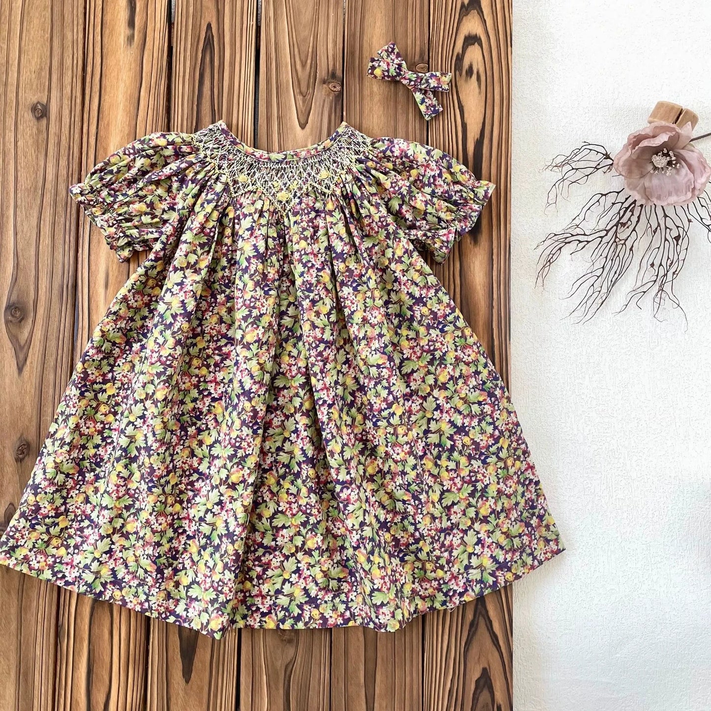 Girls Handmade Smocked Embroidered Floral Dress